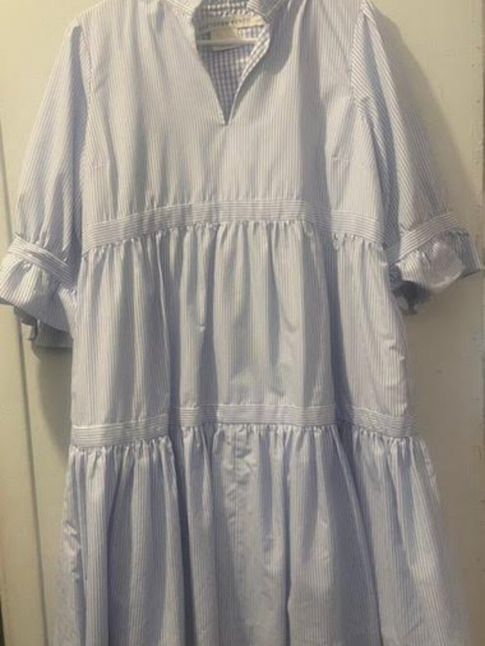 Gretchen Scott Blue White Gingham Tiered Dress Ruffle Neck Size Large Made India - Picture 2 of 7